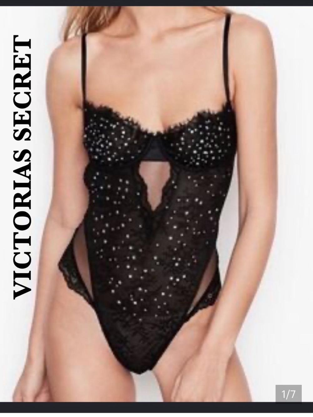 Victorias Secret Black Lace Rhinestone Chemise Bodysuit with Underwire Support